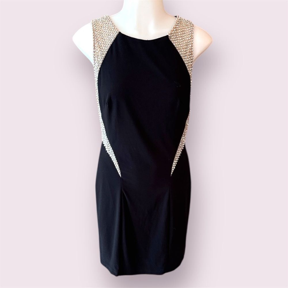 XSCAPE Illusion Rhinestone Embellished Black Cocktail Dress